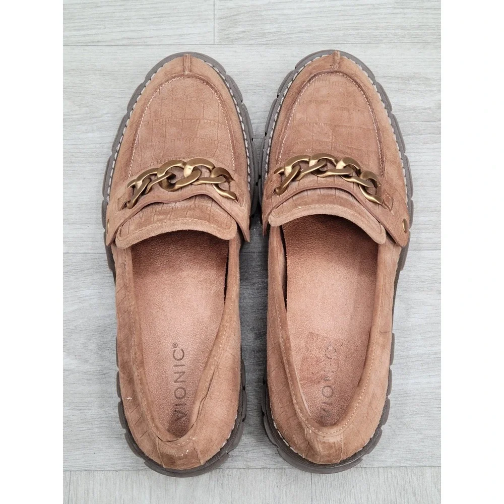 Vionic Elodie Womens 10 Tan Brown Nubuck Platform Penny Loafers Chunky Shoes